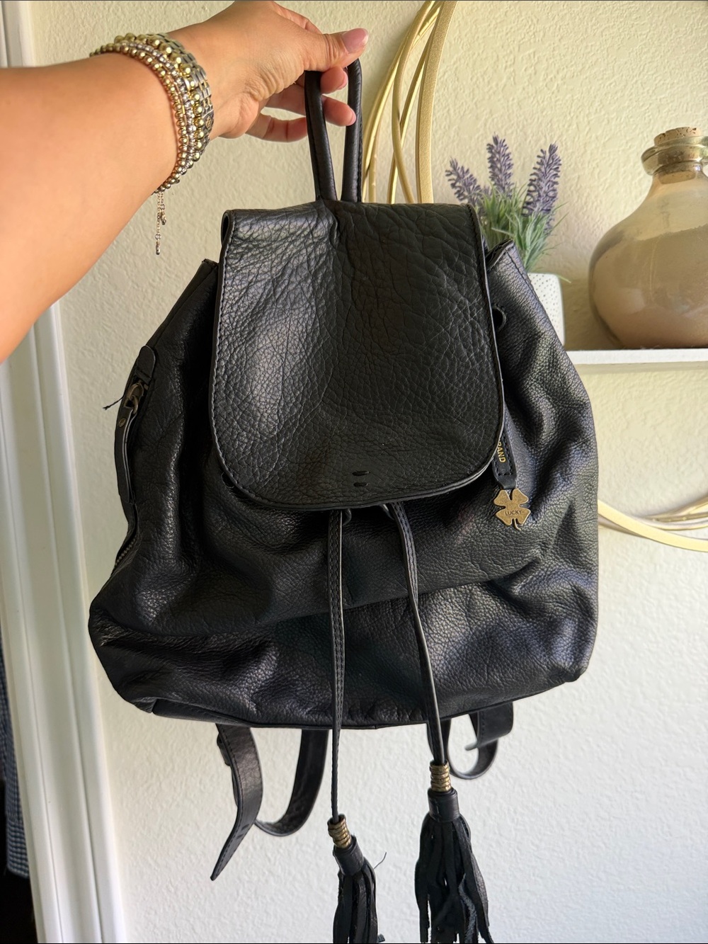 Lucky Brand Black Leather Drawstring Backpack with Tassels